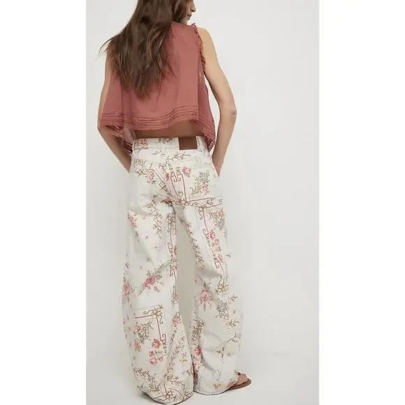 Free People We The Free Eden Slouch Jeans Cross Stitch Print Button Fly Size 27 - Picture 10 of 16